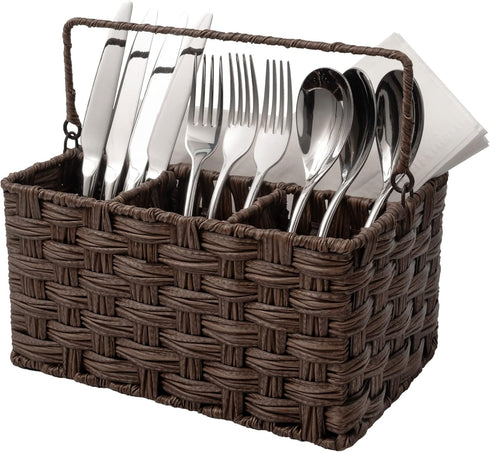 GRANNY SAYS Wicker Utensil Holder Organizer with Handle, Flatware Caddy for Kitchen, Silverware Holder Condiment Organizer, Holds Forks, Knives, S...