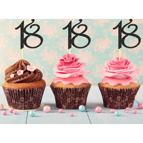 Sumerk 24PCS 18 Cupcake toppers Black Glitter 18th Birthday Cupcake Picks Anniversary Party Decorations...