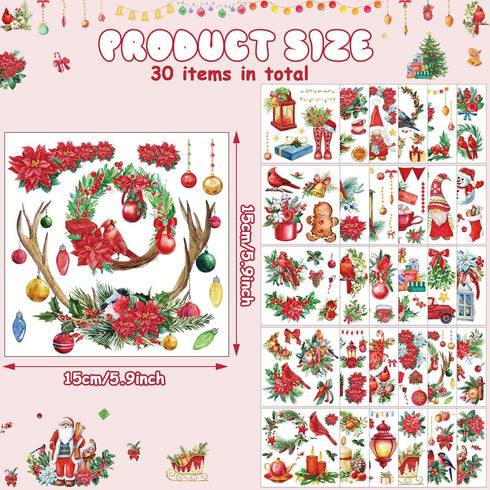 30 Sheets Christmas Rub on Transfers for Crafts and Furniture Xmas Santa Snowman Cardinals Transfer Stickers Winter Floral Bird Rub on Decal for H...