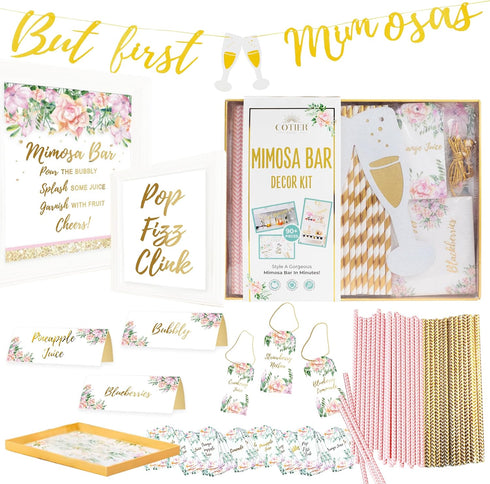 93Pcs Deluxe Mimosa Bar Supplies Decoration Kit - Drink Tray, Mimosa Bar Sign, But First Mimosas Banner & More - Bridal Shower Decorations, Birthd...