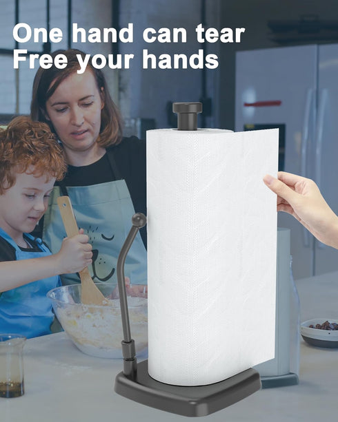 Paper Towel Holder Countertop Black, Paper Towel Dispenser Standing Weighted Base Non-Slip, Spring Arm Fit Most Size Paper Roll, Stainless Steel P...