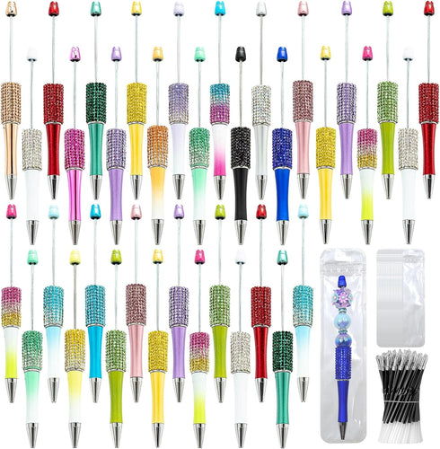 75 Pieces DIY Beadable Pens Kit - 25 Plastic Diamond Beadable Pens Bulk, Refills & Pen Bags Included - Black Ink Pens for Beads Cute Pens Bulk - P...