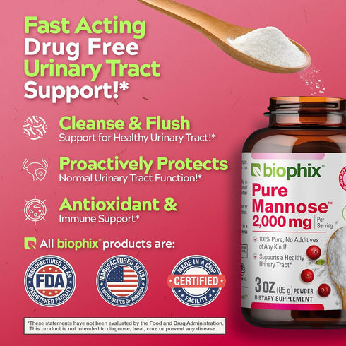 biophix Pure Mannose 100 Percent Powder 2000 mg 3 oz 85 Grams - Supports Urinary Bladder Tract Health...