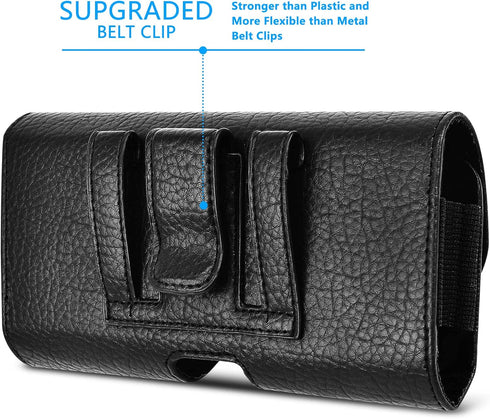 Leather Dual Phone Holster with Belt Loop for 2 Phones Horizontal Two Phone Belt Holder for Men Carrying Phone Pouches Black for iPhone 14, 13?12?...
