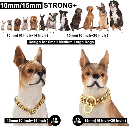 Chain Dog Collar 18K Gold Cuban Link Dog Chain 15MM 10MM Thick Chain Collar Metal Stainless Steel Heavy Duty Slip Dog Collars for Small Dogs (14",...