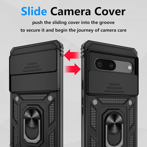 for Pixel 7 Case, Google Pixel 7 Case with 2 HD Screen Protector + Slide Camera Cover, 360° Magnetic Ring Holder Kickstand [Military Grade Shockpr...