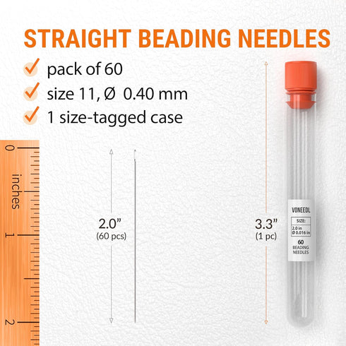 VONEEDL 60 Straight Beading Needles with Convenient Storage Tube Size 11-0.4mm (0.015in) Extra Fine Thread Needles - Perfect for Bead and Sequin E...