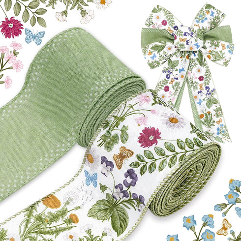 Green Wildflowers Wired Edge Ribbon Retro Wild Floral Craft Ribbon Spring Fabric Ribbon for Wreath Bow Making DIY Wrapping Party Decor Supplies, 2...