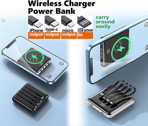Portable Charger 10000 mAh Power Bank Mini with wireless charging LED Mirror Display Screen Excellent Touch Slim Portable Phone Charger for iPhone...