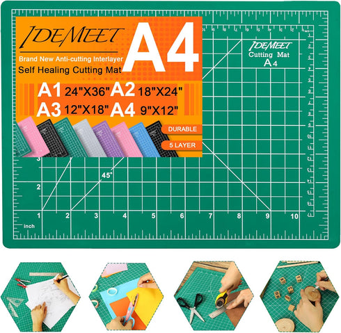 Density-upgraded 9"x12" Self Healing Cutting Mat, Idemeet Rotary Sewing Mat for Crafts, 5-Ply Blade Table Protector Cut Board for Fabric Leather C...