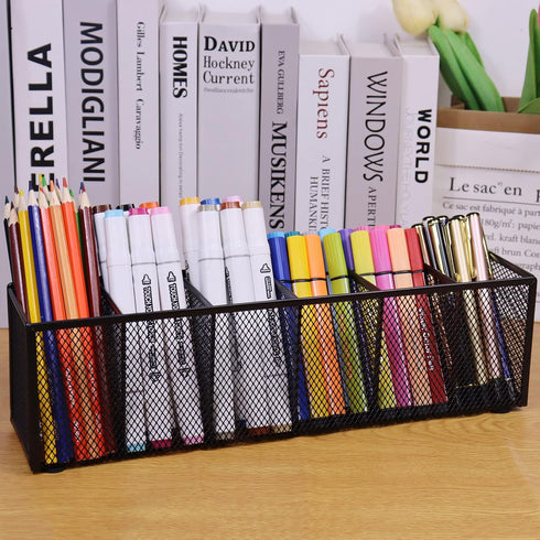 Black Mesh Pen Pencil Holder, Small Metal Desk Organizer Desktop Stationery Office Supplies Acessories Storage Stand, 6 Compartments Brushes Holde...