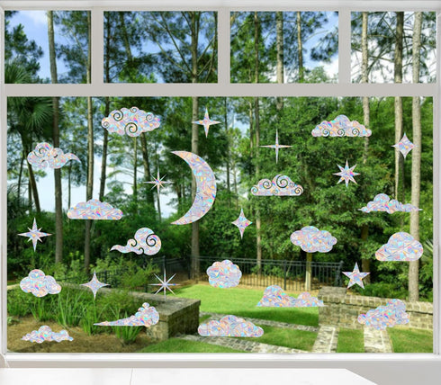 26 Pieces Cloud and Star Window Clings - Anti-Collision Window Decals to Save Birds from Window Collisions,Non Adhesive Prismatic Vinyl Window Cli...