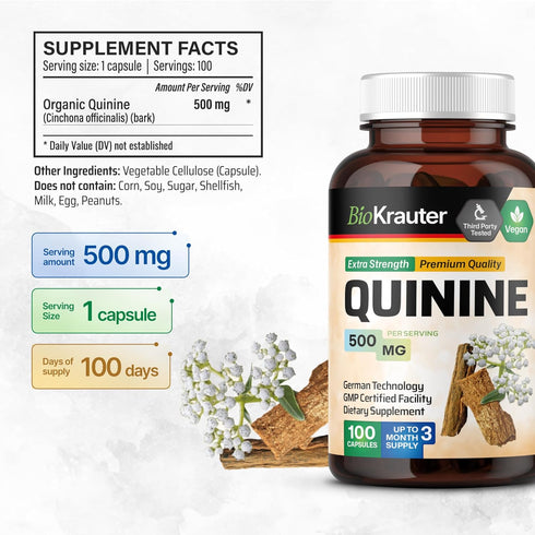 BIO KRAUTER Quinine for Leg Cramps Capsules 500 mg - 100 Count - Cinchona Bark Powder - Quinine Capsules - Vegan, No Fillers...