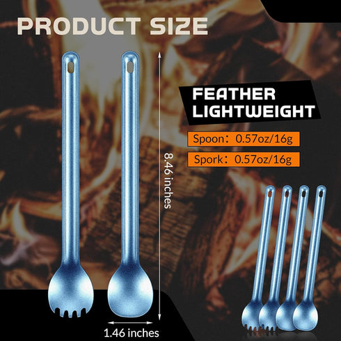 4 Pieces Titanium Long Handle Spork and Spoon 8.4 Inch Ultralight Portable Flatware Lightweight Soup Spoon Camping Spork Utensil for Outdoor Campi...