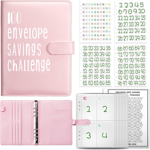 100 Envelopes Saving Challenge Binder, A5 Money Saving Budget Binder with Cash Envelopes - Savings Challenges Book to Save $5,050 - Pink...