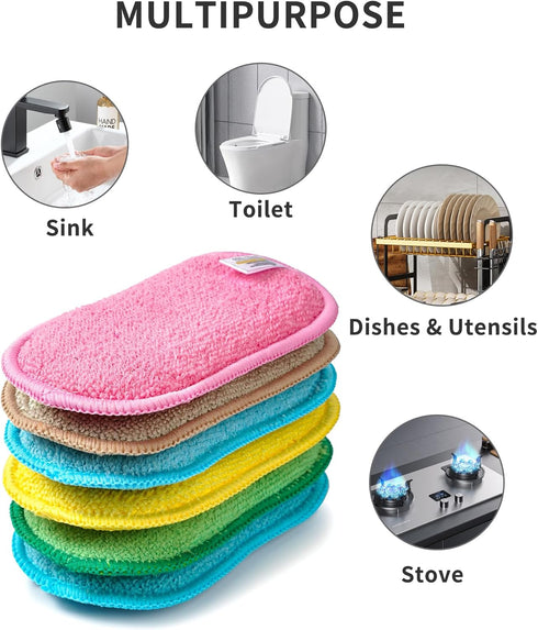 Multipurpose Kitchen Scrub Sponges 6pcs, Heavy Duty Cleaning Non-Scratch Scrub Sponge, Reusable Microfiber Sponge for Household Cleaning, Random C...