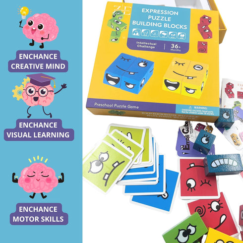 ZE ZONEXPRESS© - Expression Puzzle Building Blocks - Wooden Face Montessori - Face-Changing Magic Cube Challenge and Logical Thinking Training Boa...