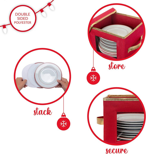Simplify Holiday Saucer Plate Dinnerware Storage Box | 7.3 Inch | Christmas China | 12 Felt Dividers | Tableware Setting | Red...
