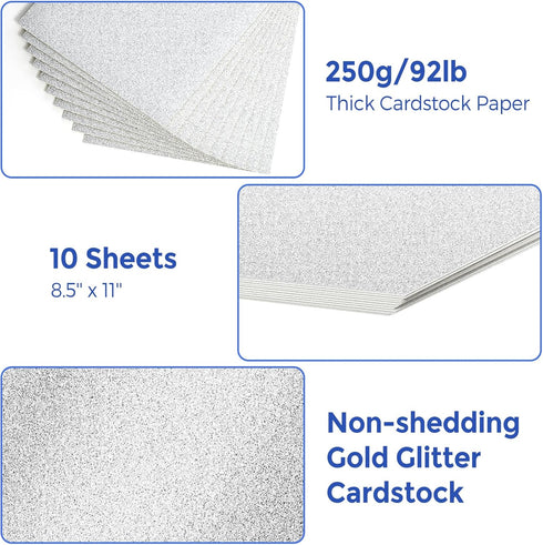 10 Sheets Silver Glitter Cardstock Paper, 8.5 x 11 Cardstock Paper 92lb/250gsm, Glitter Card Stock for DIY Projects, Sparkly Paper for Card Making...