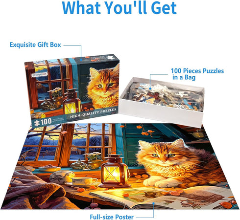 100 Piece Puzzles for Kids Reading Cat Puzzle 100 Piece Puzzles for Adults, Cute Kitten Puzzles 100 Pieces for Adults, 100 Piece Seniors Puzzles K...
