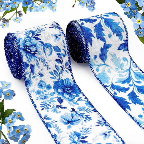 2 Rolls Spring Ribbons Linen Blue Flower Spring Decor Ribbons Spring Flower Leaves Floral Wired Ribbons for Spring Party Gift Wrapping Home Decora...