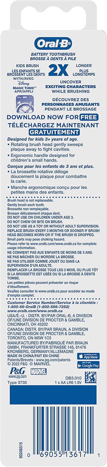 Oral-B Kid's Battery Toothbrush Featuring Marvel's Spiderman, Soft Bristles, for Kids 3+...