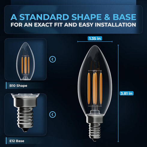 BlueStars 12-PACK B10 E12 LED Bulbs DIMMABLE 4W 2700K Warm White Light, 40W Equivalent, E12 Candelabra Base B10/B11 Bullet Shape 440 lumens for Ce...