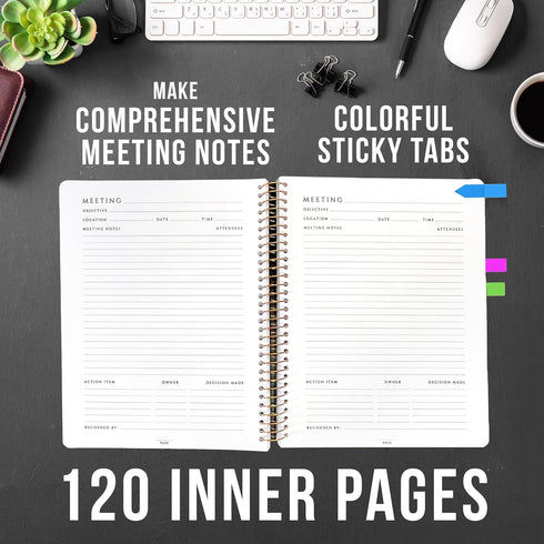 Meeting Notebook with Removable Dividers, Gold Spiral, Hard Cover, Action Items, Back Pocket, 120 Pages...