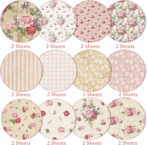 Whaline 12 Designs Spring Pattern Paper 24 Sheet Rose Floral Scrapbook Paper Pink Double-Sided Collection Decorative Craft Paper Folded Flat for C...