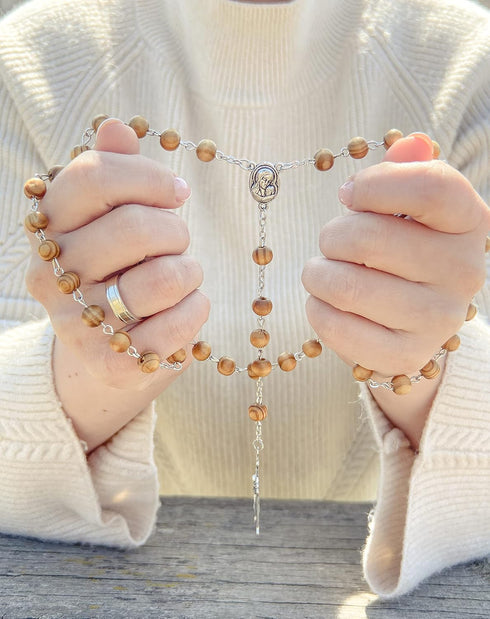 Nazareth Store Catholic Prayer Rosary Olive Wood Beads Necklace Holy Soil Medal & Metal Cross Velvet Gift Bag...