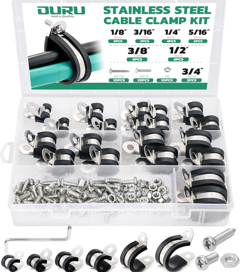 50PCS Cable Clamps with Screws Assortment Kit 7 Sizes—1/8" 3/16" 1/4" 5/16" 3/8" 1/2" 3/4" Stainless Steel Rubber Coated Cushioned Insulated Cable...