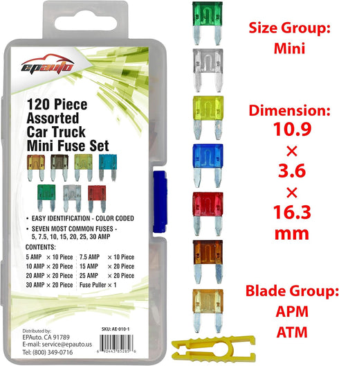 EPAuto 120 Pieces - Assorted Car Truck Mini Blade Fuse Set (5/7.5/10 / 15/20 / 25/30 AMP)...