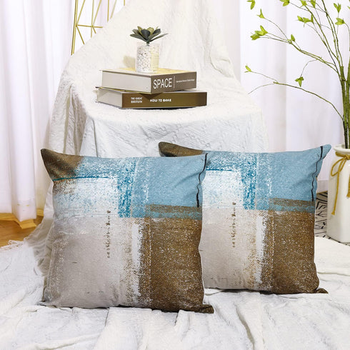 Set of 2 Decorative Pillow Case Throw Pillows Covers for Couch Indoor Bed 18 x 18 Inch, Blue Brown Abstract Art Painting Home Sofa Cushion Cover P...