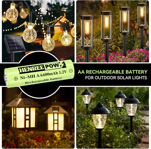 Henreepow 12-Pack Rechargeable AA Solar Batteries Ni-Mh 1.2v 600mAh Pre-Charged Double A Battery for Outdoor Solar Garden Landscape Lights...