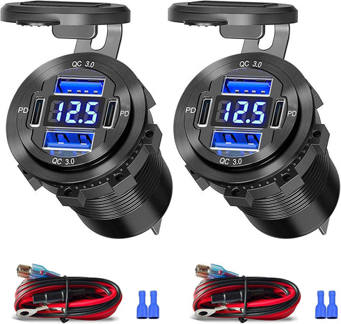 12V USB Outlet, 4 USB Port Aluminum Charger Socket 2 USB C PD & 2 USB QC3.0 with Voltmeter, 12V/24V Car USB Charger Socket for Car Boat Marine Bus...