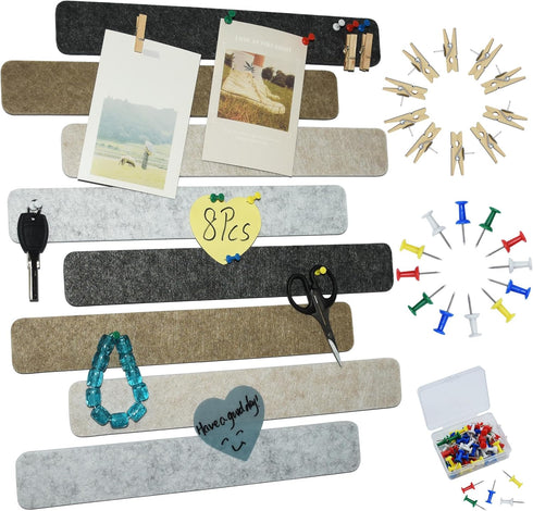 8Pcs Bulletin Board Strips,Black Brown Gray Felt Pin Board Bar Strips with 50 Pushpins, Self-Adhesive Felt Cork Board Strips for Wall to Display Y...