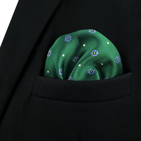 S&W SHLAX&WING Men's Pocket Square Emerald Green with Blue Flower for Suit Jacket Wedding...
