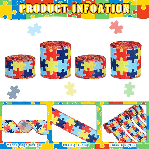 4Rolls 20Yards Autism Awareness Wired Ribbon Colorful Puzzle Fabric Ribbon for Gift Wrapping Bow Wreath Making Craft Supplies, 2.5 Inch/1.5 Inch...