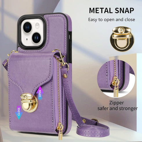 Compatible with iPhone 14 Plus 6.7 inch Wallet Case Crossbody Strap Leather Zipper Credit Card Holder Clasp Cell Accessories Phone Cover for i-Pho...
