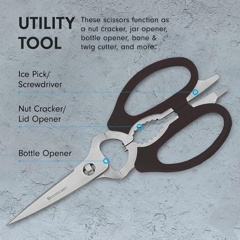 Messermeister 8-Inch Take-Apart Kitchen Scissors, Black - Includes Screwdriver, Nut Cracker, Jar Lid Opener/Gripper, Bottle Opener & Bone + Twig C...