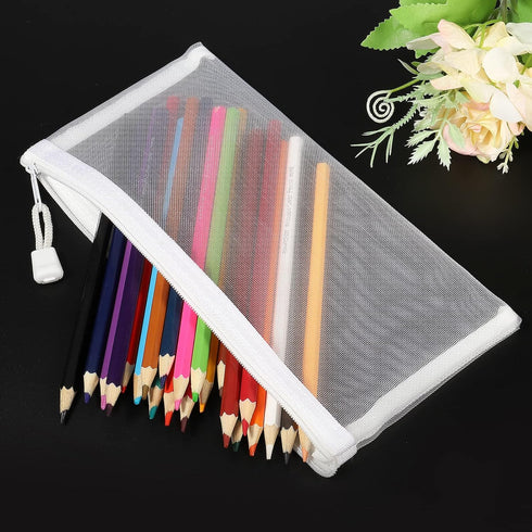 MECCANIXITY Mesh Zipper Bags, B6 Nylon Zip Pouch Pencil Case Storage Pockets for Travel Office Accessories, White Pack of 6...