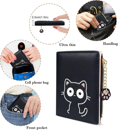 CONISY Cute Wallets for Women, Leather RFID Blocking Small Bifold Wallet with Zipper Coin Purse for Girls and Ladies Womens Wallet (Cat Black)...