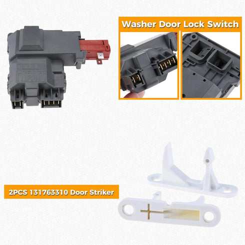 131763202 131763256 Washer Door Lock Switch with 131763310 1317633 Door Striker, Replacement for Frigidaire Whirlpool Electrolux Kenmore Gibson, Replace 1317632 131763200 131763255 131269400