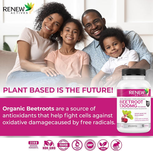 Renew Actives Organic Beetroot Supplement: 1300mg Extract for High Antioxidant Levels - Promotes Wellness - 90 Veggie Capsules...