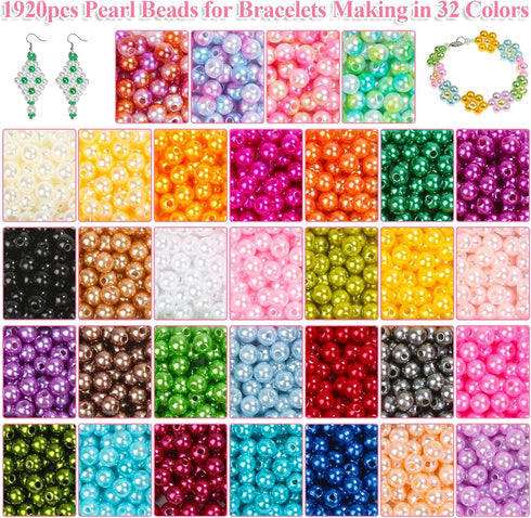 Pearl Beads for Jewelry Making, 32Colors Round Pearls Beads with Holes, 2000Pcs 6MM Handcrafted Colorful Loose Spacer Beads Small Filler Beads for...