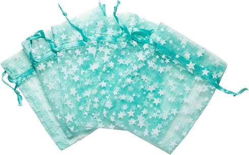 100-Pack 3x4 Sheer Organza Drawstring Gift Bags (Small) - Metallic Stars (Teal/White) - Wedding Party Favors, Jewelry, Candy, Treats Mesh Pouch by...