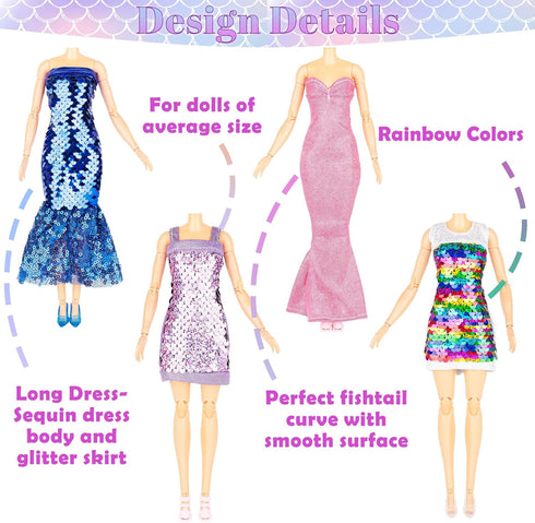 Glitter Sequin Mermaid Doll Clothes and Accessories - 12 Sequin Sparkly Glitter Party Club Dress, 2 Different Crown Ornament and 3 Beautiful Neckl...