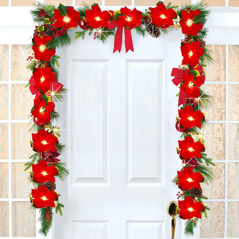 DearHouse 6.5Ft Lighted Poinsettia Christmas Garland with Red Berries and Holly Leaves, Pre-Lit Velvet Artificial Poinsettia Garland for Christmas...