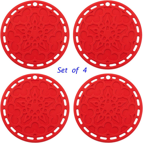Silicone Hot Pads (Set of 4) - 6 in 1 Multi-Purpose Kitchen Tool, Pot Holder, Splatter Guard, Microwave Cover, Jar Opener, Decorative Trivet, Red,...