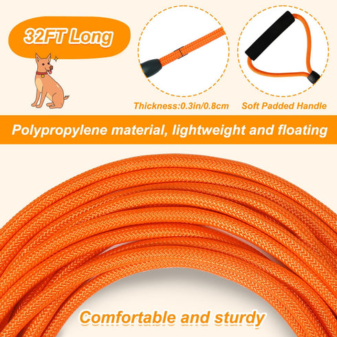 Vivifying Long Dog Leash, 32ft Floating Dog Training Leash, Check Cord Rope Leash with Comfortable Handle for Outside, Hiking, Swimming, Beach and...